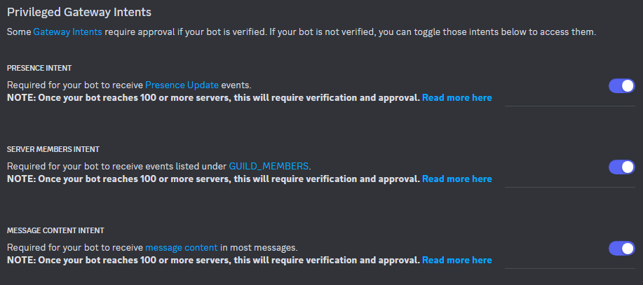 Enable privileged gateway intents