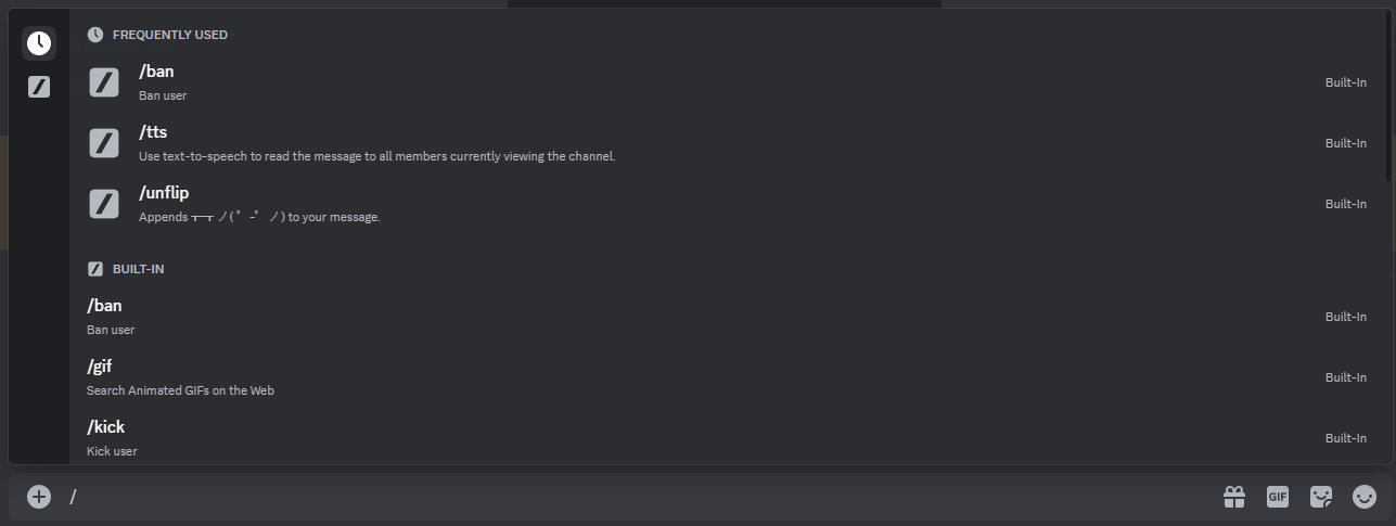 Slash commands menu